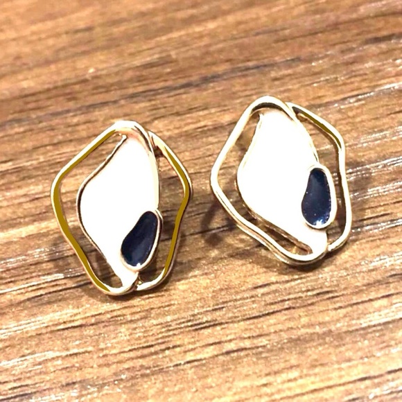 “Creamy Puddles” Artistic Artsy Art Deco Navy Blue Swirl Metallic Gold Wavy Stud - Picture 10 of 14